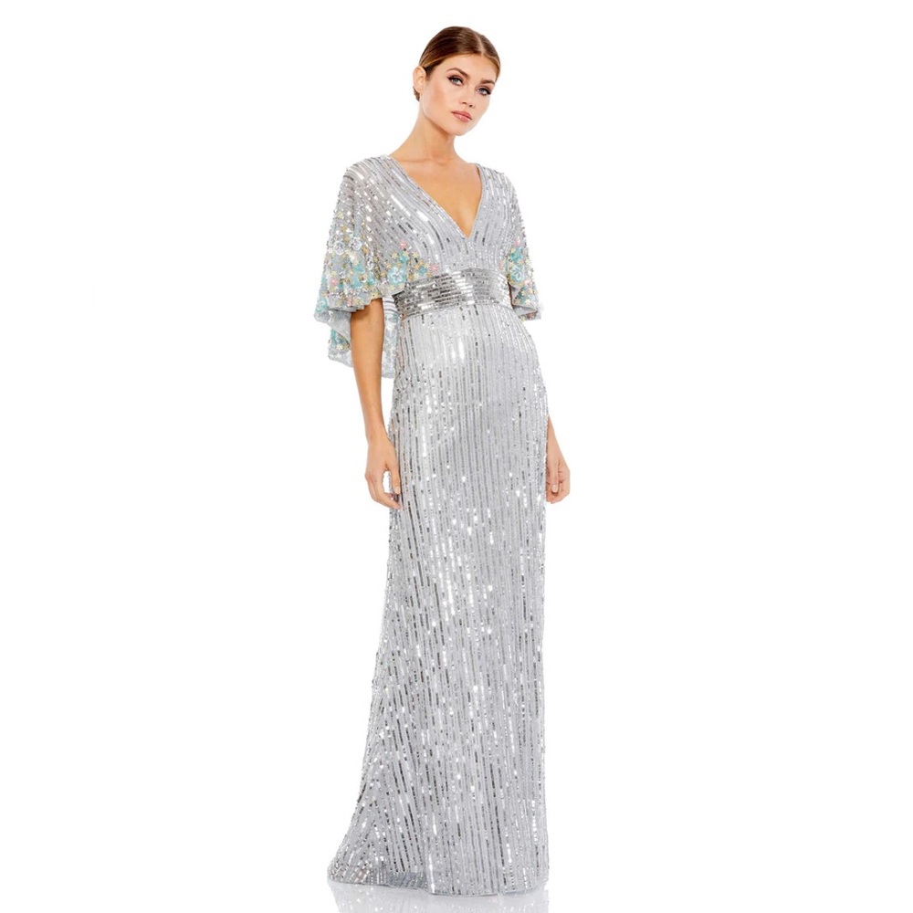 NWT $598 MAC DUGGAL SEQUINED V NECK FLORAL EMBELLISHED CAPE SLEEVE GOWN 5221